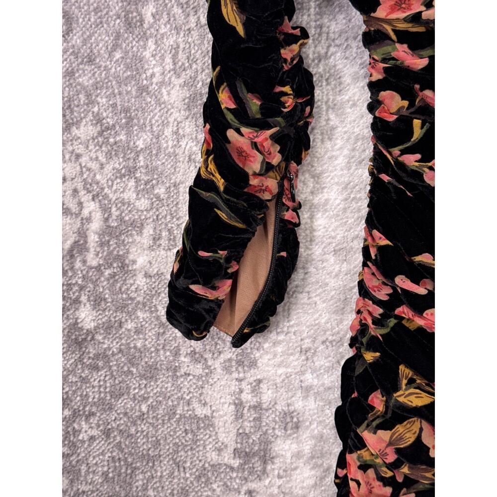 House Of CB Dress Small Womens Black Floral Velvet Ruched Mini Cocktail - Picture 3 of 9